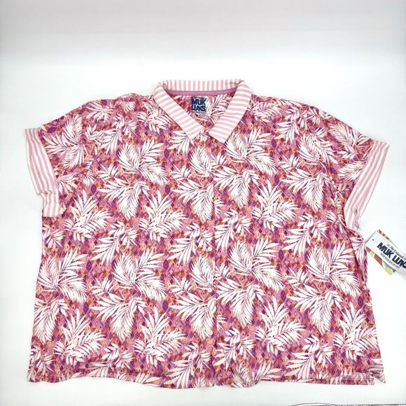 MUK LUKS Button Down Shirt Top Palm Print Short Sleeve Pink White Size T5X Soft! - Picture 1 of 10